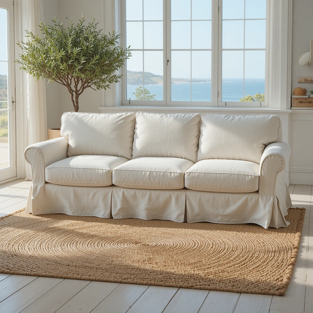 White sofa in a room with large windows and a view of the sea.