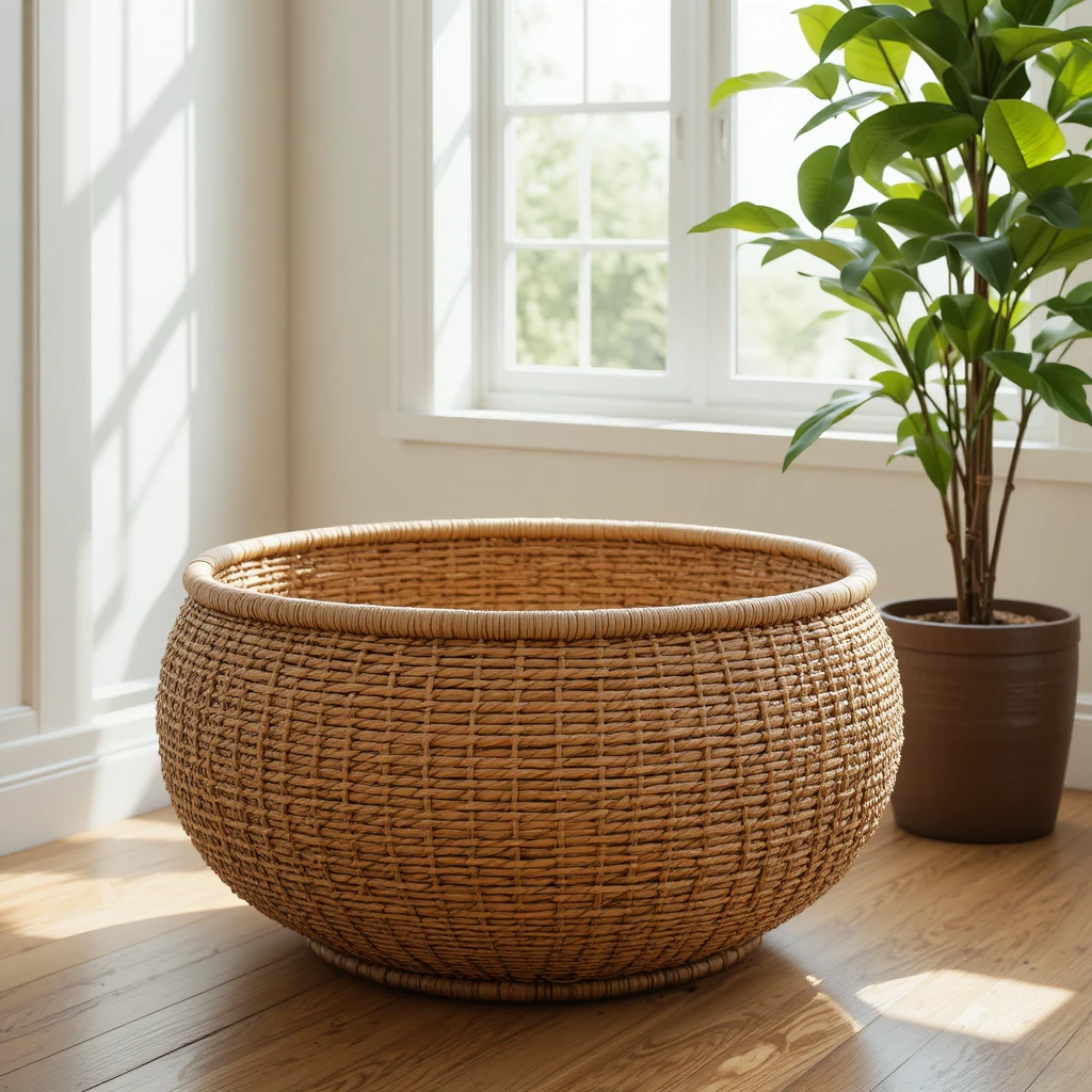 Woven basket on a wooden floor with a plant in the background