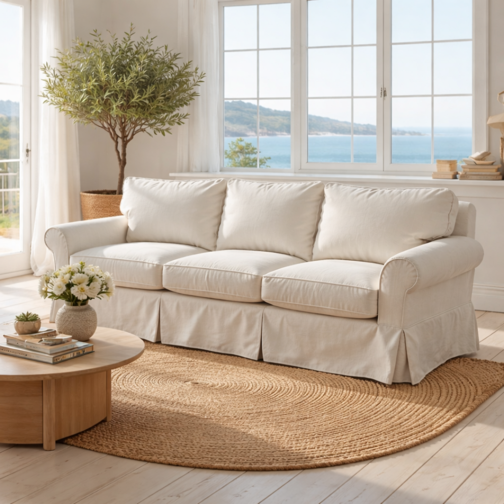 White sofa in a bright living room with large windows and a view of water.