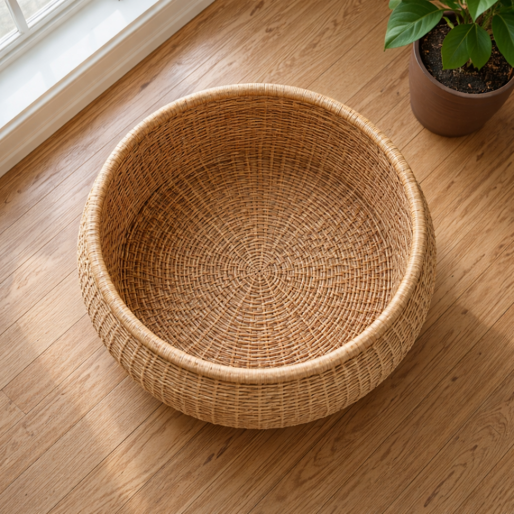 Woven basket on a wooden floor with a plant in the background