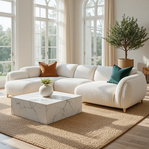 Modern living room with a white sectional sofa, marble coffee table, and decorative pillows.
