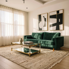 Modern living room with a green sofa, abstract art, and a glass coffee table.
