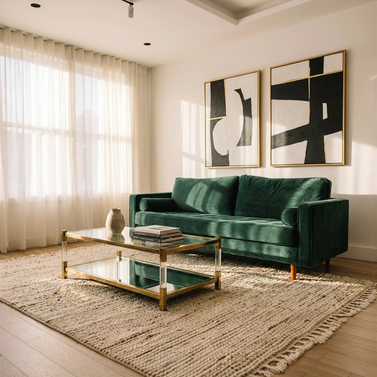 Modern living room with a green sofa, abstract art, and a glass coffee table.
