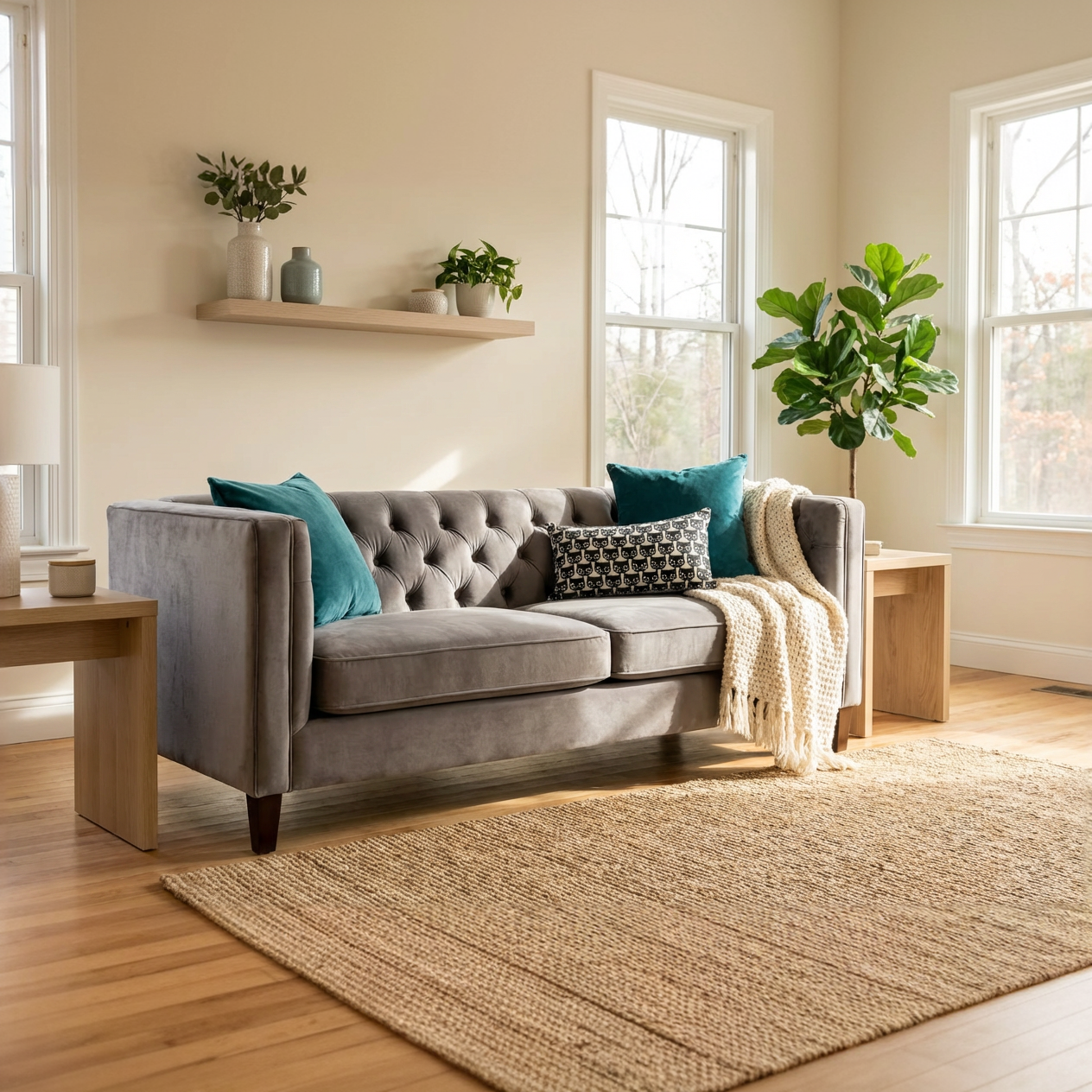 Gray sofa with decorative pillows in a living room setting