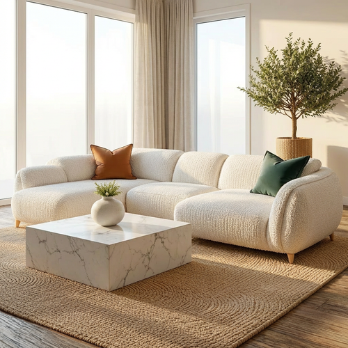 Modern living room with a white sectional sofa, marble coffee table, and decorative plants.