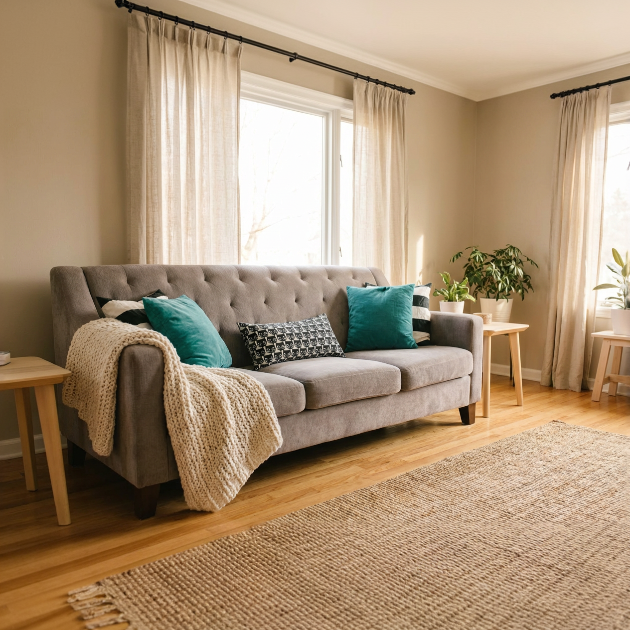 Living room with a gray sofa, decorative pillows, and plants.