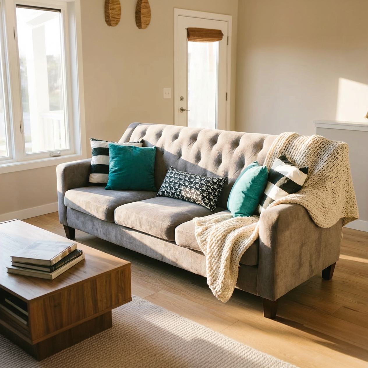 Gray sofa with decorative pillows and a blanket in a sunlit living room.