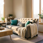 Cozy living room with a beige sofa, coffee table, and decorative pillows.