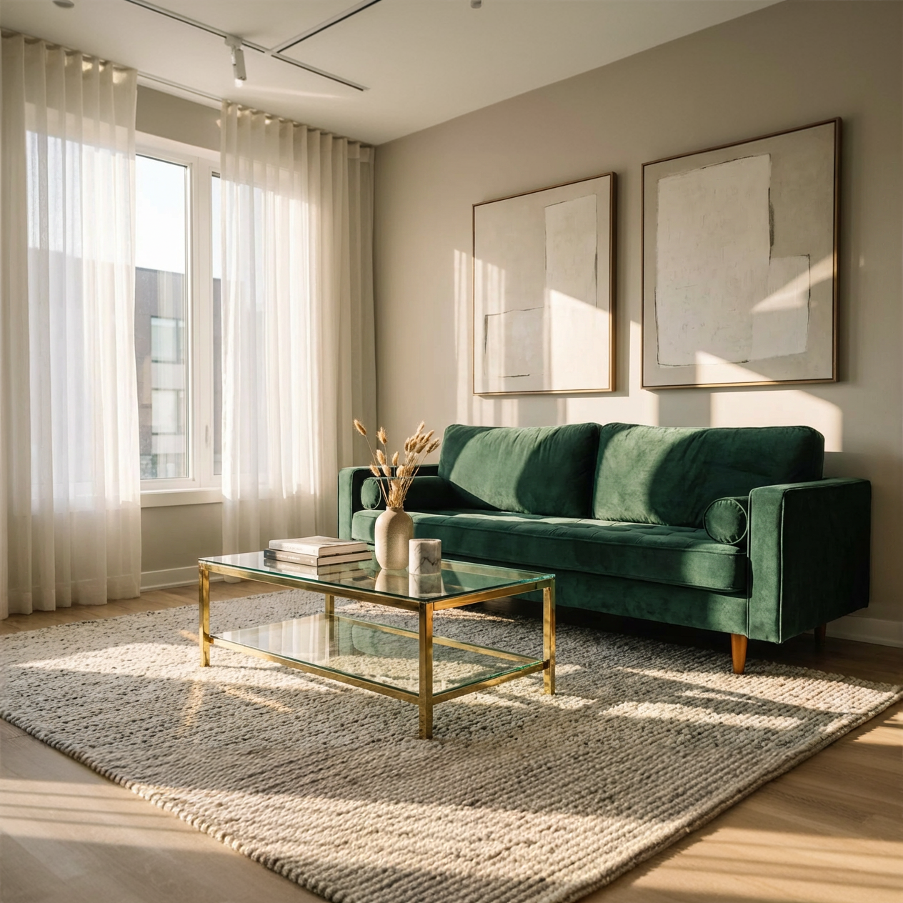 Modern living room with a green sofa, gold coffee table, and abstract art on the wall.