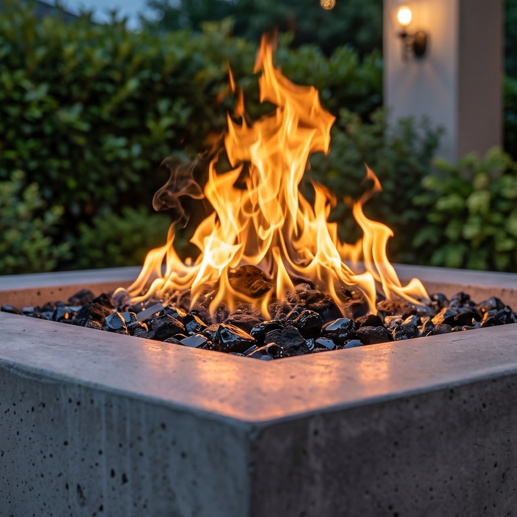 Fire pit with flames burning in an outdoor setting with string lights and greenery.